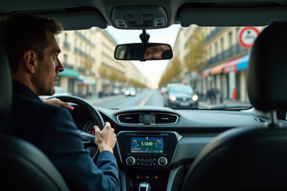 Conducteur de taxi parisien regardant le compteur