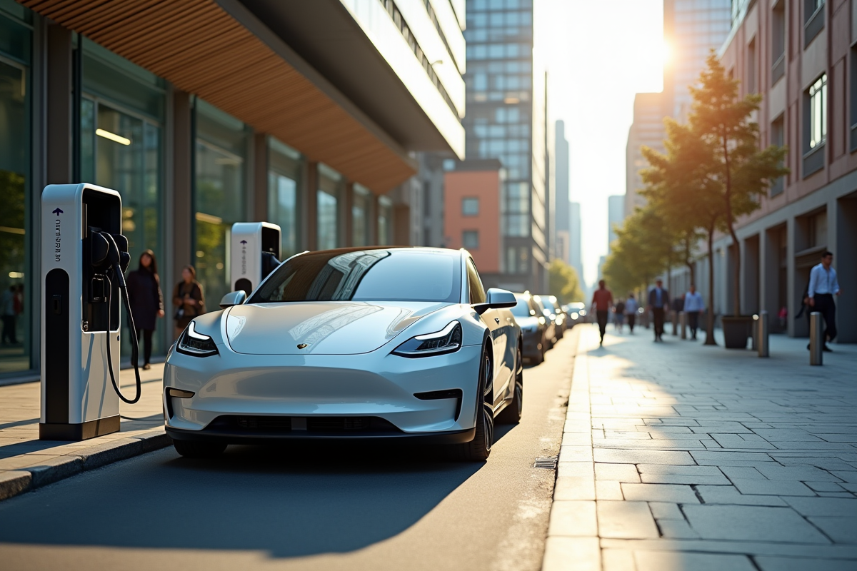 Voiture électrique moderne dans une ville animée en journée