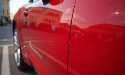 Voiture rouge brillante avec une rayure visible sur la porte