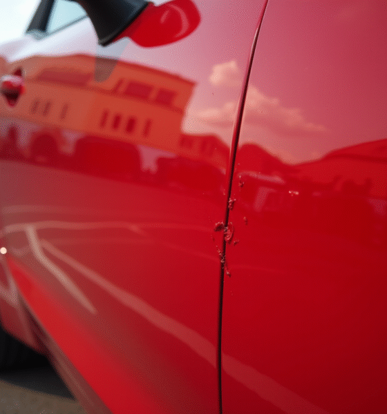 Voiture rouge brillante avec une rayure visible sur la porte
