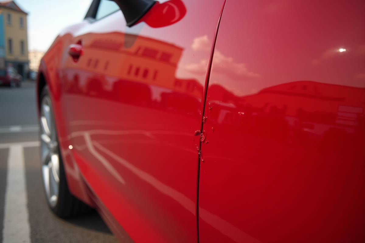 Voiture rouge brillante avec une rayure visible sur la porte